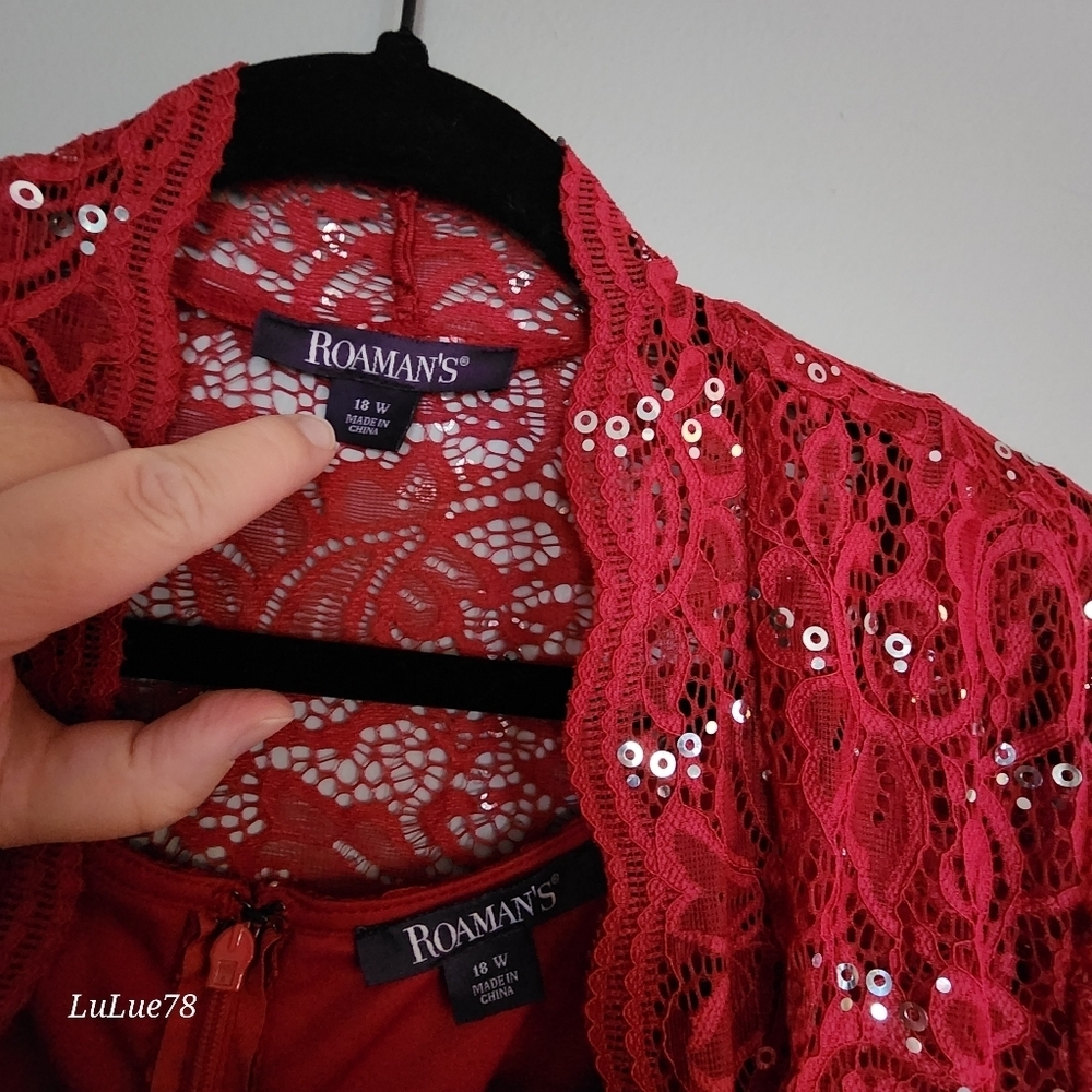 Roaman's Elegant Red Lace Sequin Women's Matching Duster & Dress Set 18W - Picture 5 of 15
